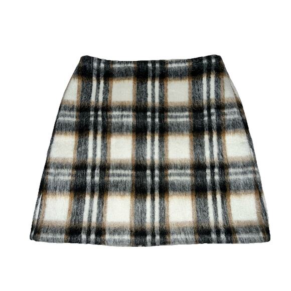 NWT Loft Brushed Plaid Mini Skirt Neutral Size 4 Black White Tan Soft Fuzzy - Picture 1 of 8